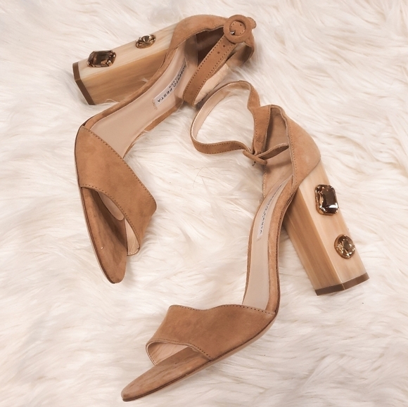 Roberto Festa Tan Bejeweled Suede Heel Sandals 40 - Picture 1 of 8